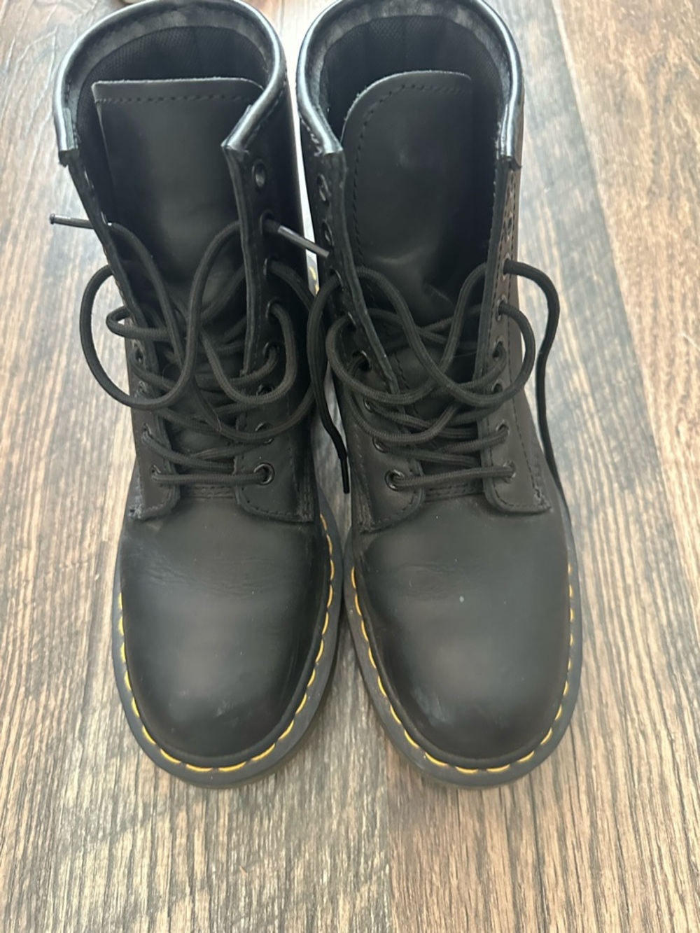 Dr. Martens Black Lace-Up Combat Boots with Yellow Stitching